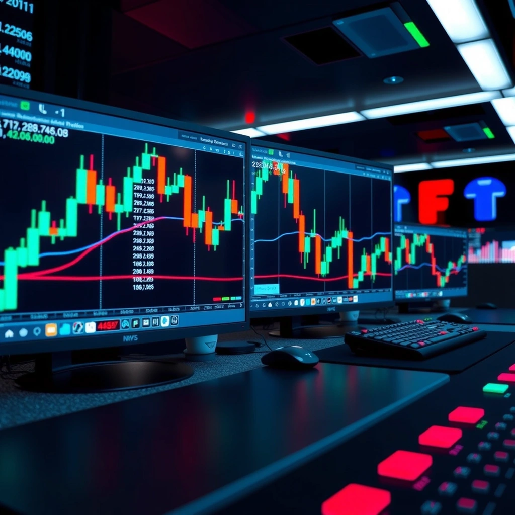 Simulación de trading en tiempo real con gráficos de velas japonesas en interfaz futurista