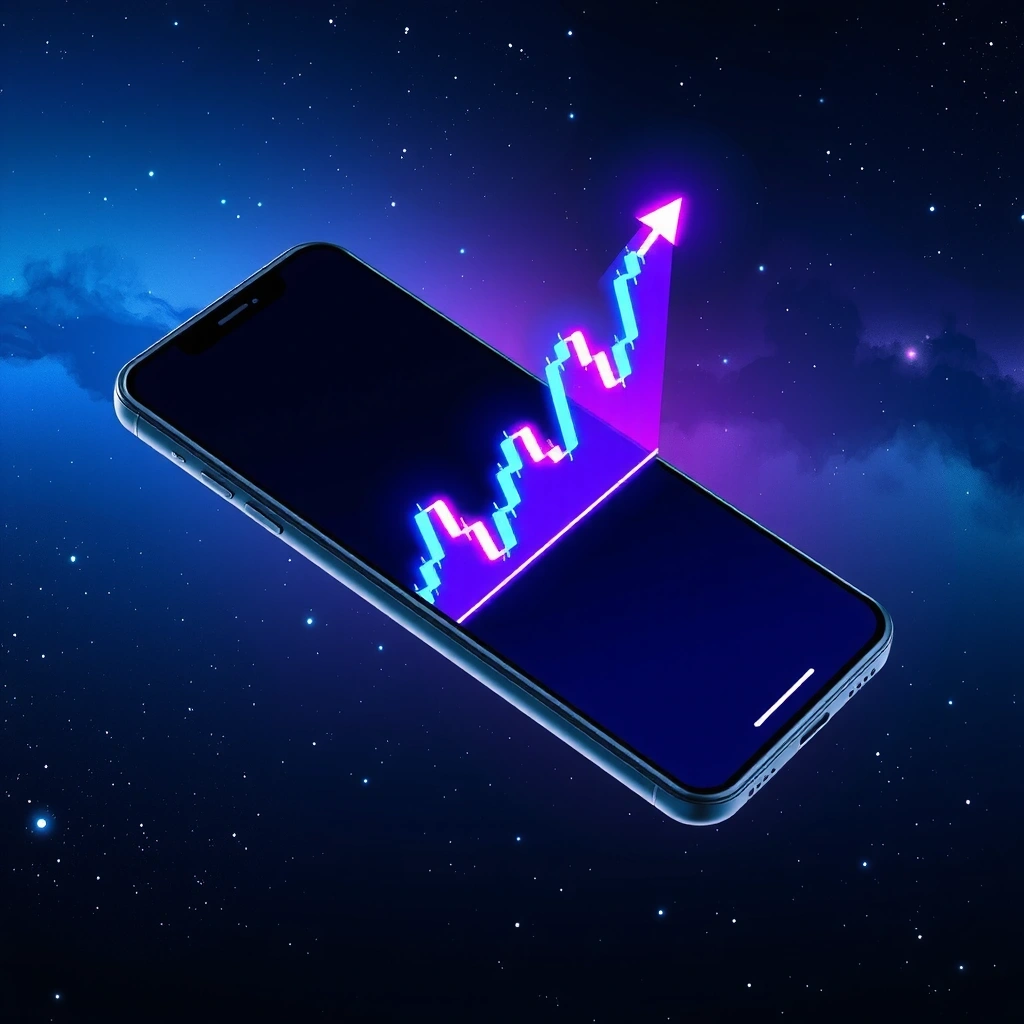 Dispositivo móvil flotando en el espacio con gráficos de velas japonesas neón